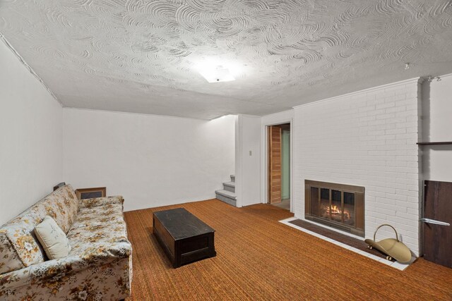 1804 S Blake Rd, Spokane Valley, WA 99216 - living room featuring carpet flooring, a textured ceiling, stairway, and a fireplace