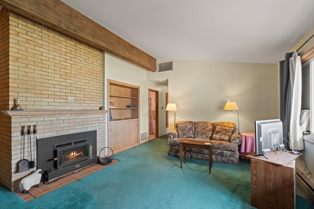 1804 S Blake Rd, Spokane Valley, WA 99216 - living area with visible vents, carpet, a fireplace, and beamed ceiling