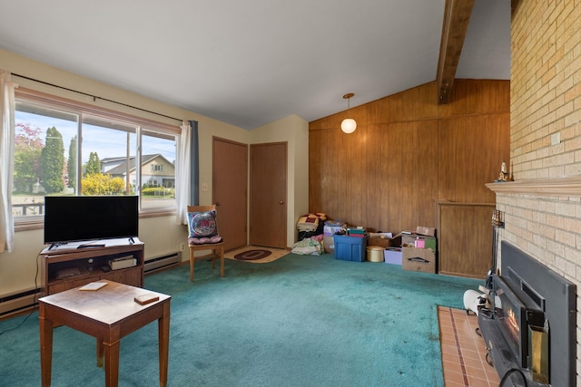1804 S Blake Rd, Spokane Valley, WA 99216 - living room featuring carpet flooring, lofted ceiling with beams, baseboard heating, a brick fireplace, and wood walls