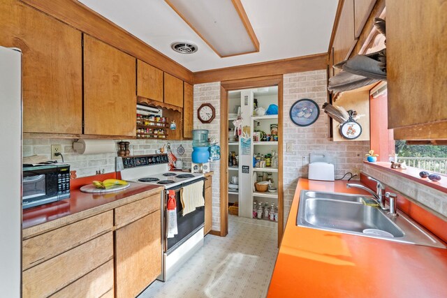 1791 S Leclerc Rd, Newport, WA 99156 - kitchen featuring electric stove, a sink, black microwave, light floors, and backsplash