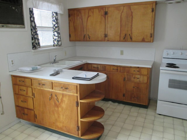 1914 W 8th Ave, Spokane, WA 99204 - kitchen with light countertops, light floors, electric stove, a sink, and open shelves