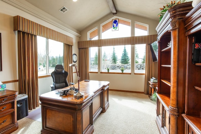 428 N Kynan Ln, Spokane, WA 99224 - home office featuring light colored carpet, visible vents, vaulted ceiling with beams, and baseboards