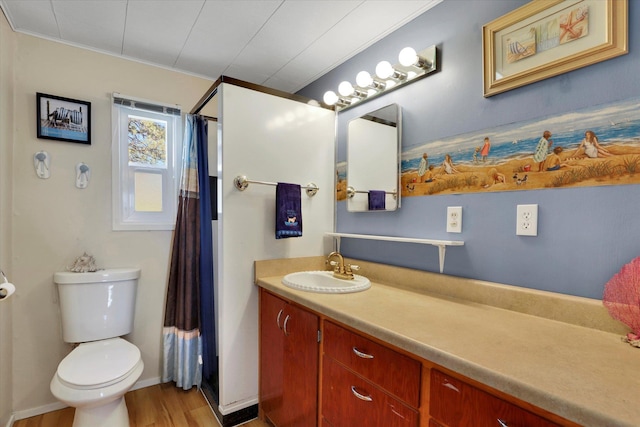 bathroom with vanity, toilet, baseboards, wood finished floors, and a shower with shower curtain