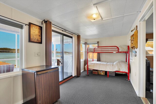bedroom with baseboards, access to outside, carpet floors, and a water view
