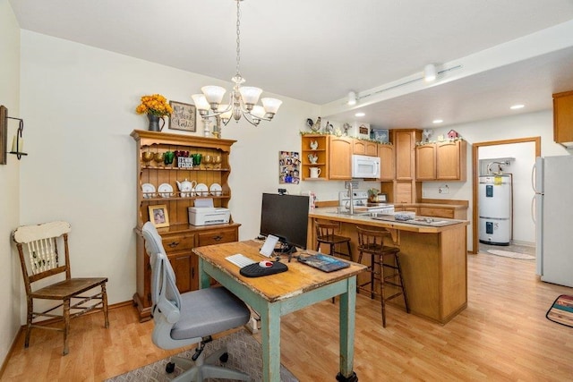 146 Laurelhurst Dr Unit 146, Newport, WA 99156 - office space with recessed lighting, water heater, light wood-type flooring, and an inviting chandelier