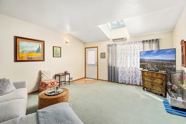 146 Laurelhurst Dr Unit 146, Newport, WA 99156 - carpeted living area with baseboards, lofted ceiling with skylight, and an AC wall unit