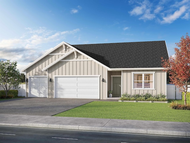 view of front of house featuring board and batten siding, a front yard, a shingled roof, and aphalt driveway