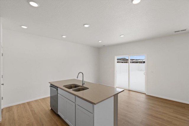 kitchen featuring an island with sink, a sink, light wood finished floors, stainless steel dishwasher, and visible vents