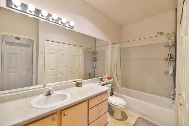 full bathroom with toilet, shower / bathtub combination with curtain, tile patterned floors, and vanity