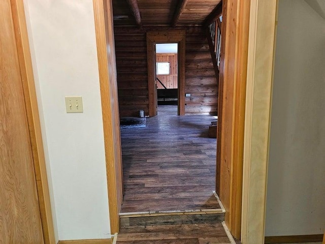3610 Sand Creek Rd, Kettle Falls, WA 99141 - hall with wood ceiling, wood finished floors, and beamed ceiling