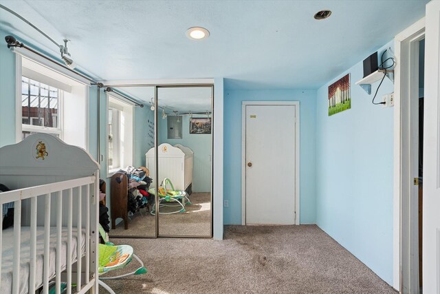 bedroom with electric panel, separate washer and dryer, a closet, and carpet