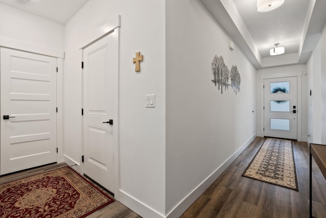 entryway with baseboards and dark wood-style flooring