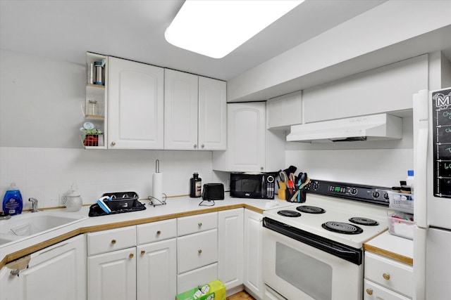 908 E Rockwell Avenue 910E Rockwell Ave, Spokane, WA 99207 - kitchen featuring light countertops, white appliances, under cabinet range hood, white cabinetry, and a sink