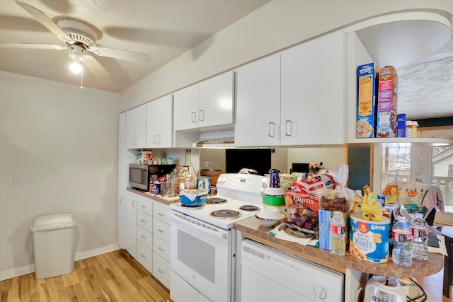 908 E Rockwell Avenue 910E Rockwell Ave, Spokane, WA 99207 - kitchen with white cabinetry, light countertops, white appliances, light wood finished floors, and ceiling fan