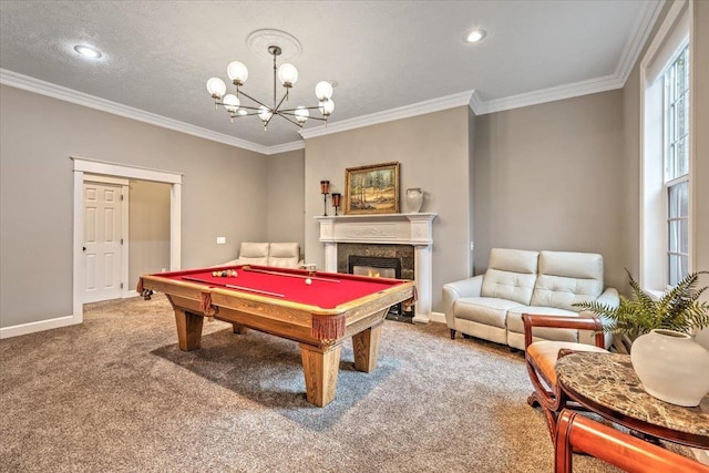 6808 S Jackson Ridge Ln, Greenacres, WA 99016 - rec room with a notable chandelier, crown molding, carpet flooring, billiards, and a high end fireplace