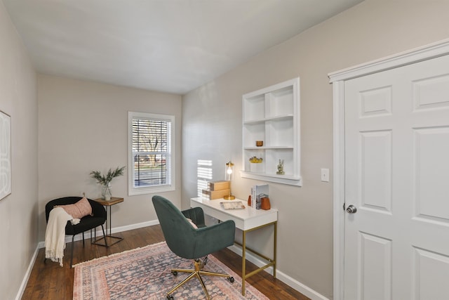 living room featuring baseboards and dark wood-type flooring