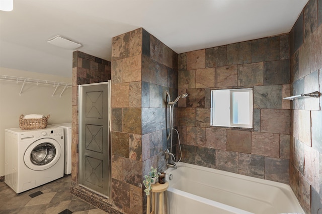 full bath with stone finish floor, toilet, and a washtub