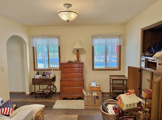 living area featuring baseboards, wood finished floors, arched walkways, and a textured ceiling