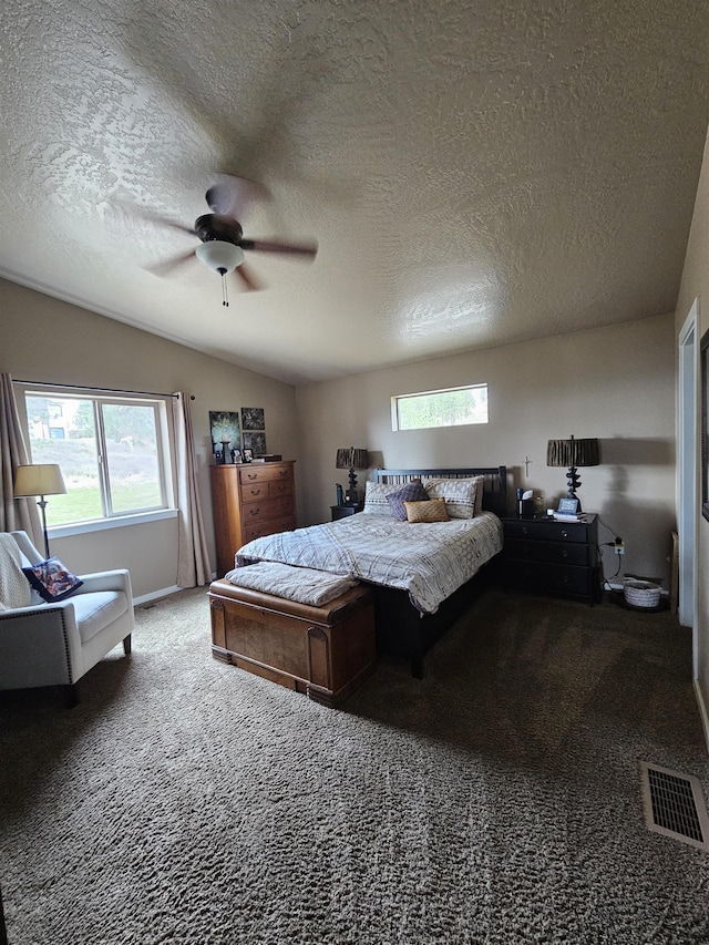 21319 E Harvard Vistas Ln, Newman Lake, WA 99025 - carpeted bedroom featuring multiple windows, a textured ceiling, lofted ceiling, baseboards, and a ceiling fan