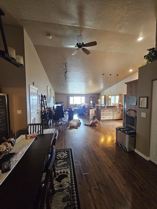21319 E Harvard Vistas Ln, Newman Lake, WA 99025 - dining room with a textured ceiling, wood finished floors, lofted ceiling, a ceiling fan, and baseboards