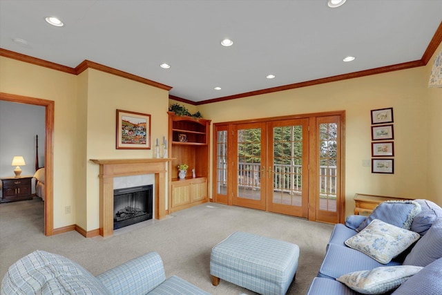 6814 S Jackson Ridge Ln, Greenacres, WA 99016 - living room with light carpet, french doors, ornamental molding, recessed lighting, and a premium fireplace