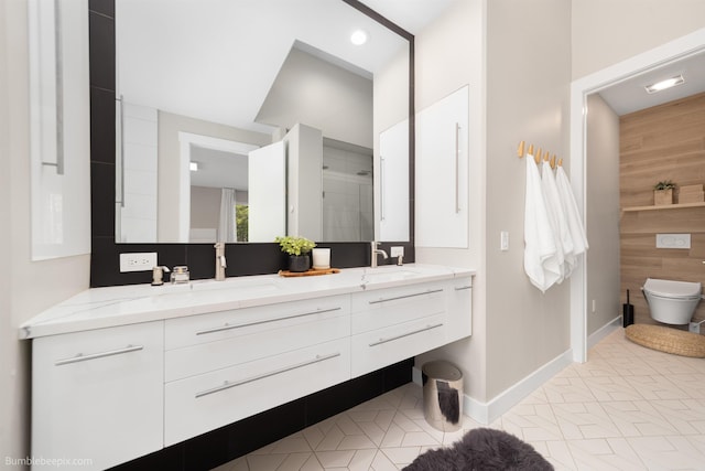 27809 N Bruce Rd, Chattaroy, WA 99003 - full bath with a stall shower, toilet, a sink, wood walls, and double vanity