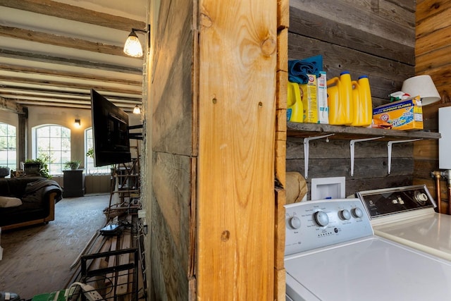 4004P N Northport Flat Creek Rd, Northport, WA 99157 - laundry area with laundry area, wood walls, and washer and clothes dryer