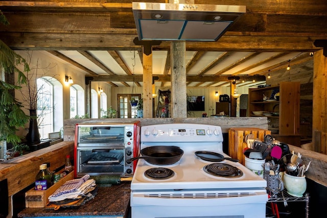 4004P N Northport Flat Creek Rd, Northport, WA 99157 - kitchen featuring electric range and beam ceiling