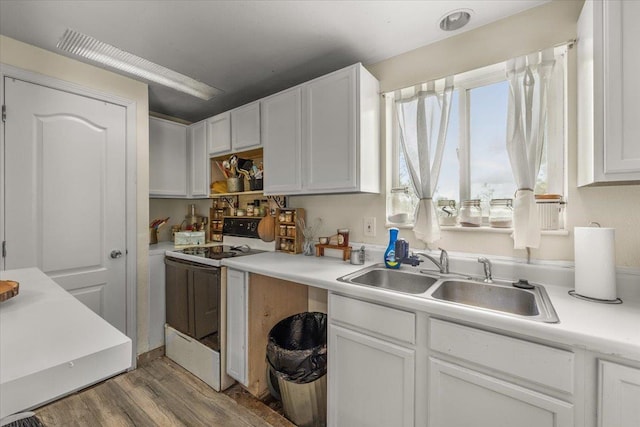 1810 W Paradise Rd, Spokane, WA 99224 - kitchen with light wood-style flooring, light countertops, white cabinetry, white electric stove, and a sink