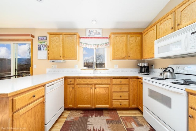 kitchen with a peninsula, light countertops, a sink, and white appliances
