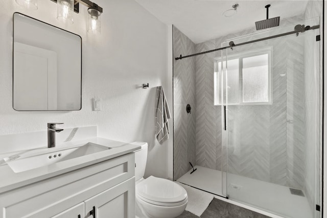 14505 W Coulee Hite Rd, Spokane, WA 99224 - bathroom with a textured wall, toilet, a stall shower, and vanity