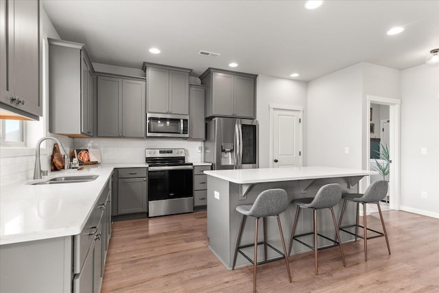 9018 W 72nd Ave, Cheney, WA 99004 - kitchen with appliances with stainless steel finishes, a sink, gray cabinetry, backsplash, and recessed lighting