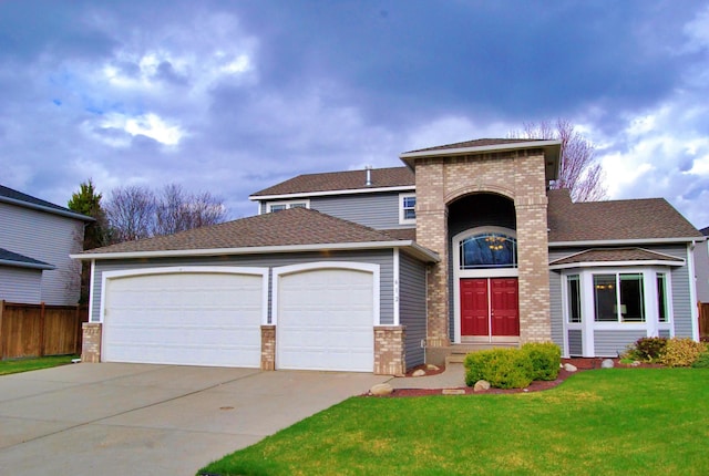 612 N Madson Ct, Liberty Lake, WA 99019 - view of front facade with driveway, a front yard, fence, an attached garage, and brick siding