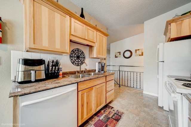 14825 E Mission Avenue 14827E Mission Ave, Spokane Valley, WA 99216 - kitchen featuring a textured ceiling, white appliances, tasteful backsplash, light brown cabinets, and a sink
