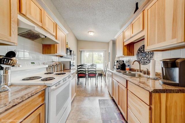 14825 E Mission Avenue 14827E Mission Ave, Spokane Valley, WA 99216 - kitchen featuring white electric range oven, dishwasher, light brown cabinets, under cabinet range hood, and a sink