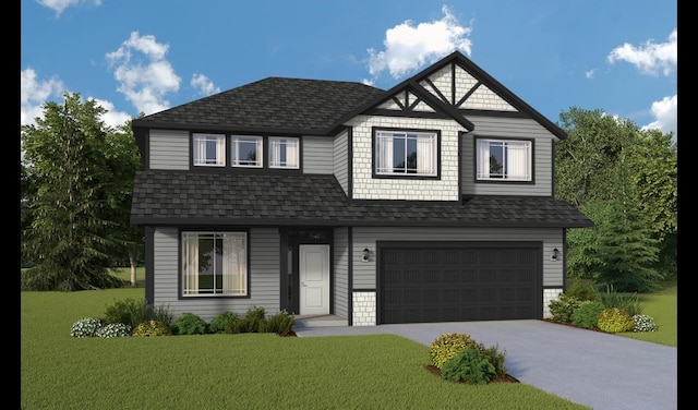 view of front of home featuring a front lawn, an attached garage, concrete driveway, and roof with shingles