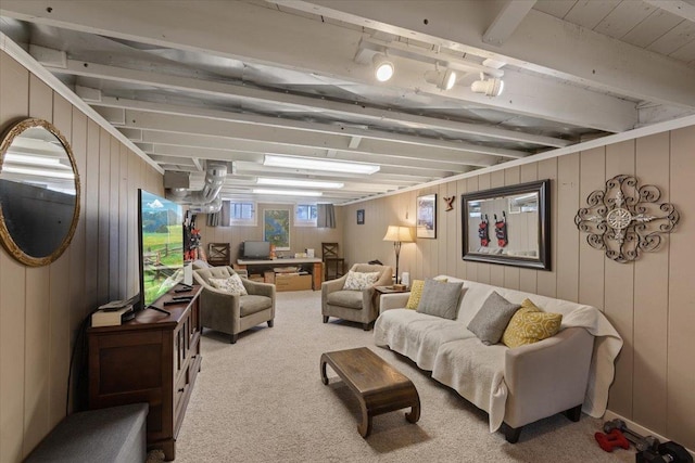127 W 25th Ave, Spokane, WA 99203 - living area with beamed ceiling, wood walls, and carpet flooring