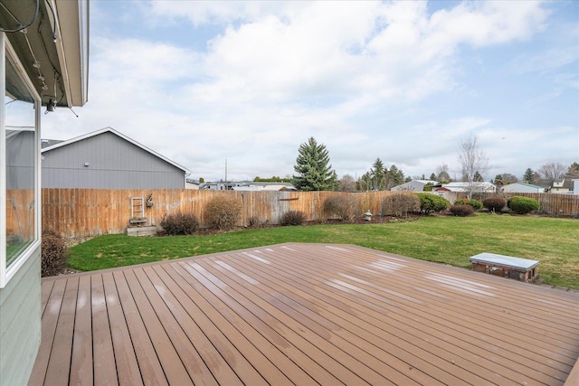 wooden deck featuring a fenced backyard and a lawn