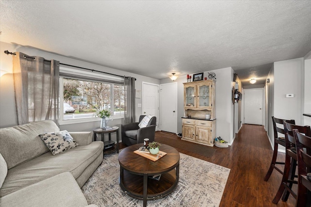 living area with dark wood-type flooring and a textured ceiling