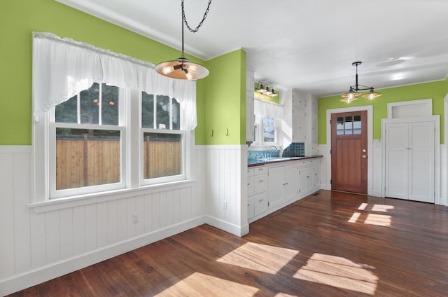 kitchen featuring decorative light fixtures, dark wood-style flooring, a sink, and wainscoting