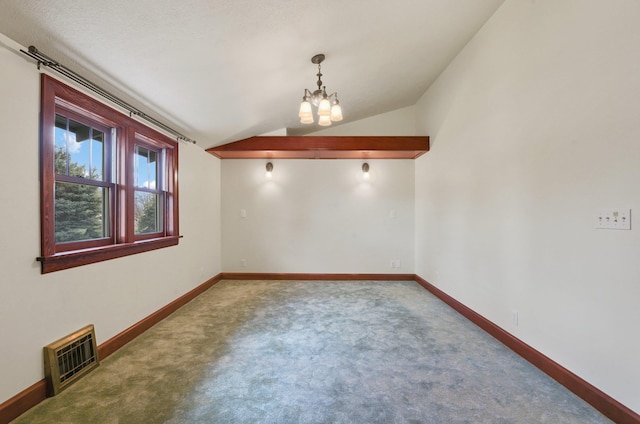 carpeted spare room with baseboards, heating unit, a notable chandelier, and lofted ceiling