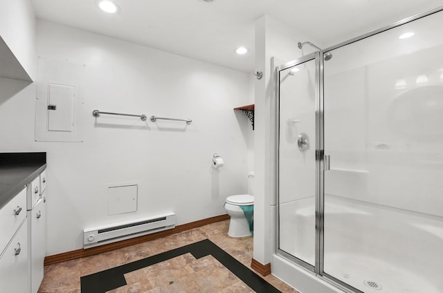 bathroom featuring a baseboard heating unit, a stall shower, electric panel, recessed lighting, and toilet