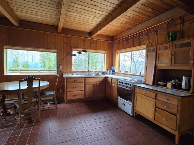 3434G Rockcut Rd, Kettle Falls, WA 99141 - kitchen featuring range with electric stovetop, dark tile patterned floors, wooden ceiling with exposed beams, a sink, and wood walls