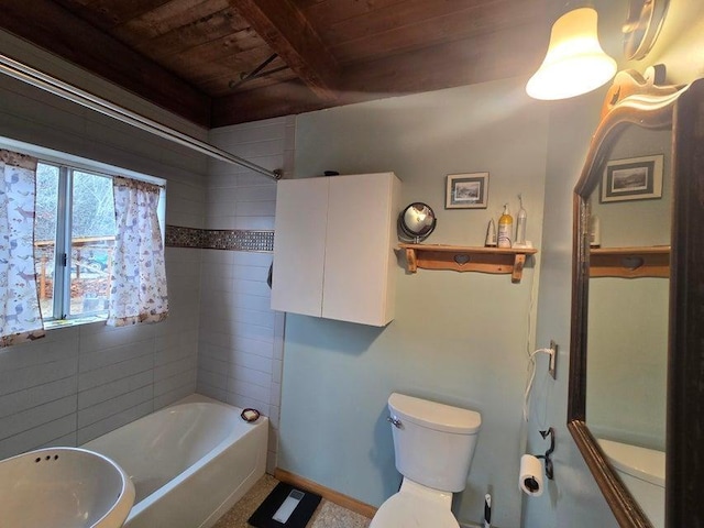 3434G Rockcut Rd, Kettle Falls, WA 99141 - bathroom with wood ceiling with exposed beams, toilet, and shower / bathtub combination