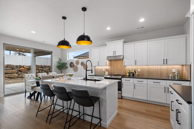 13310 N Starling Ln, Spokane, WA 99208 - kitchen with backsplash, under cabinet range hood, light wood-style floors, stainless steel gas stove, and a sink