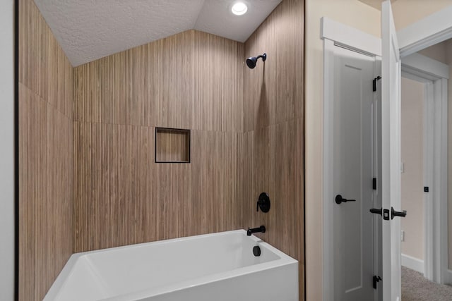 13310 N Starling Ln, Spokane, WA 99208 - full bathroom featuring recessed lighting, shower / bathing tub combination, lofted ceiling, and a textured ceiling