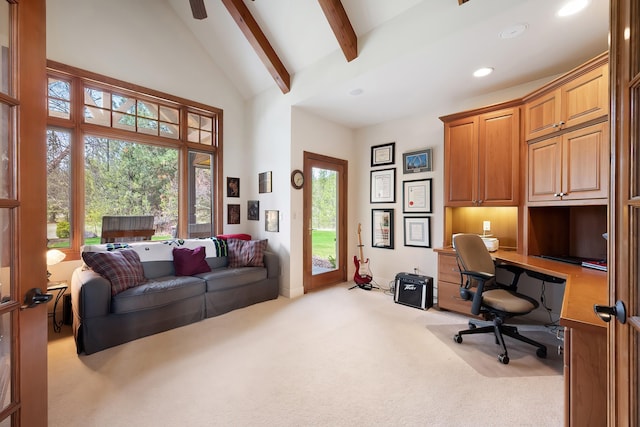 13615 N Riverbluff Ln, Spokane, WA 99208 - home office featuring high vaulted ceiling, beamed ceiling, recessed lighting, carpet floors, and built in study area