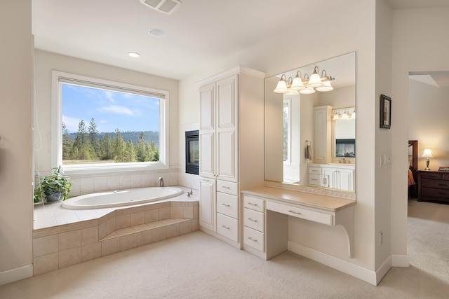 13615 N Riverbluff Ln, Spokane, WA 99208 - full bathroom featuring visible vents, a bath, a sink, carpet, and connected bathroom