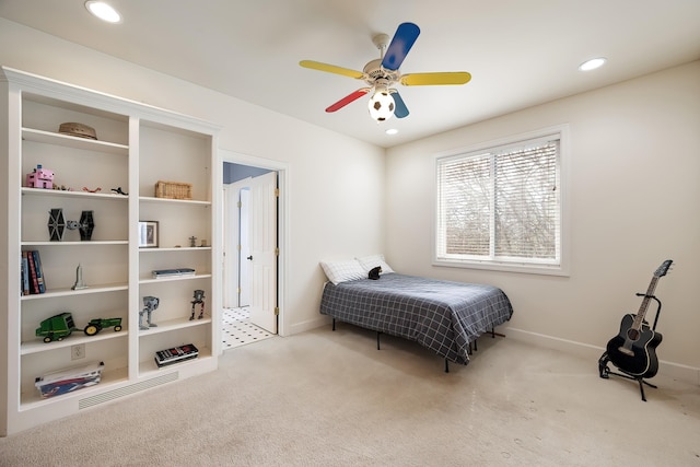 13615 N Riverbluff Ln, Spokane, WA 99208 - bedroom featuring carpet floors, baseboards, recessed lighting, and ceiling fan