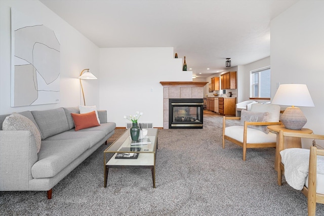 2603 S Sunnybrook Ln, Spokane, WA 99037 - living room featuring light carpet and a tiled fireplace